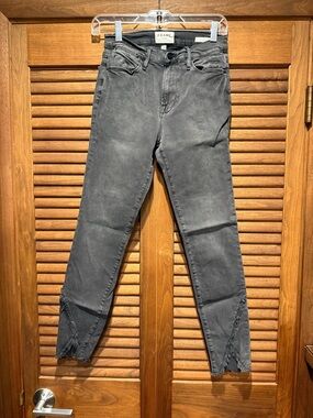 Frame Denim Washed Black High-Rise Ankle Jeans with Frayed Split Hem